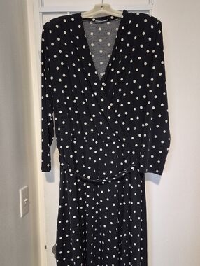 Avon Navy and White Polka Dot Wrap-Style Long Sleeve Dress